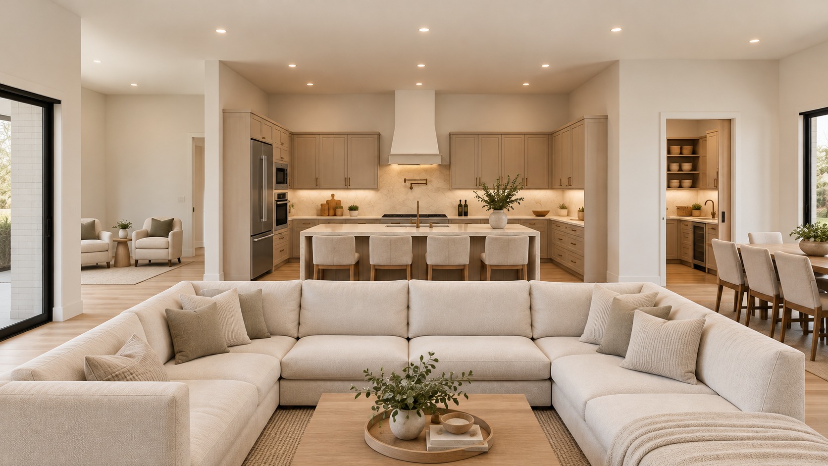 Framed kitchen with island seating, appliances along the left return and corrected window and slider locations