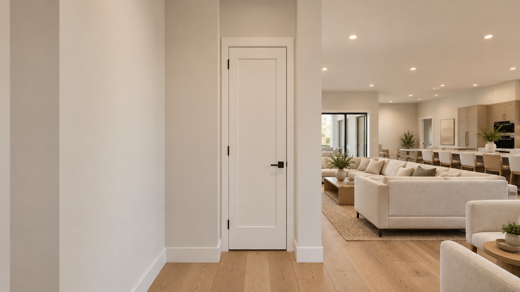 Front entrance looking toward the white coat-closet door and adjoining living room
