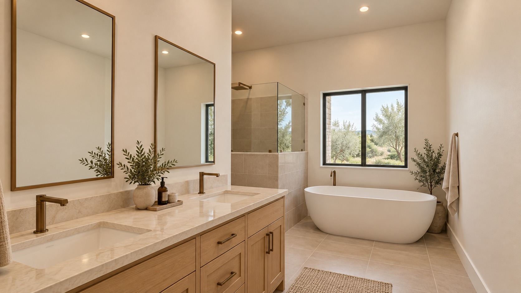 Photorealistic bathroom from the bedroom entry, with double vanity, tub and half-wall shower