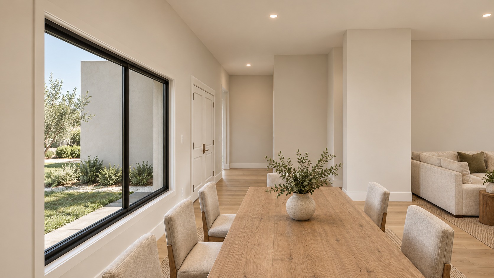 View from the pantry toward the front entrance, with the dining table and east window