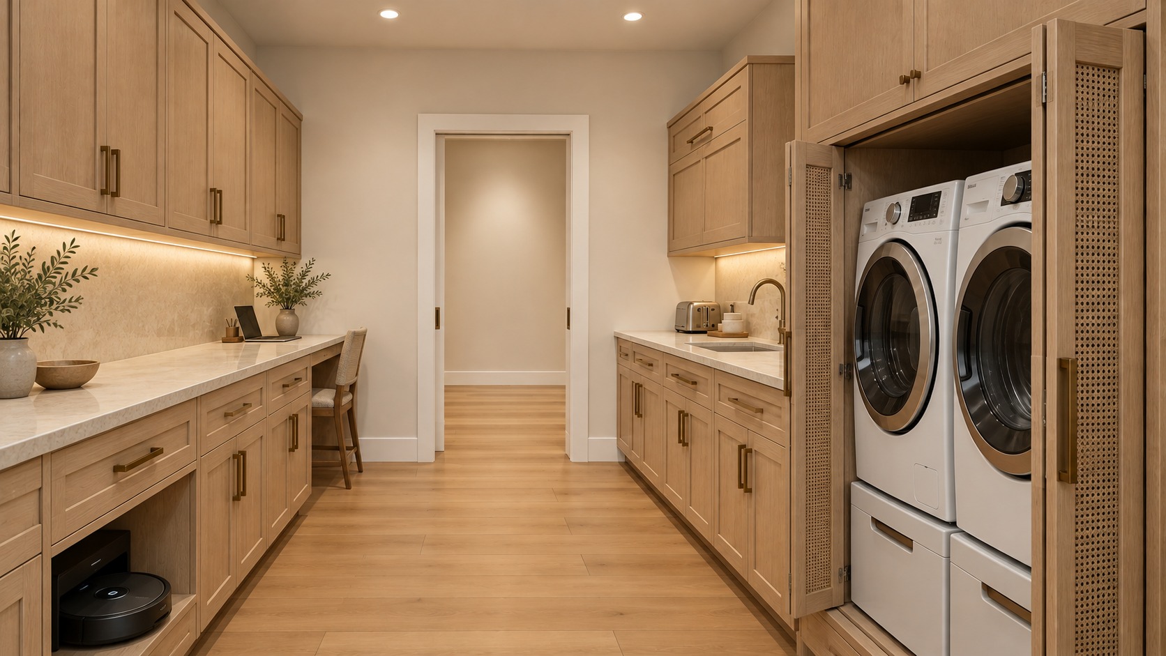 Butler pantry from dining, with sink and laundry appliances on the right and hallway door ahead